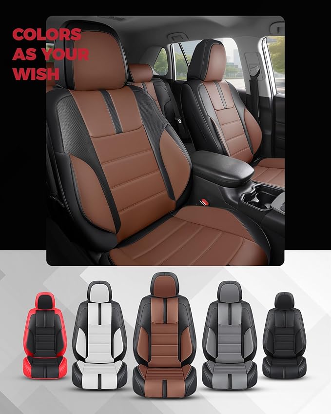 FREESOO Black Brown Car Seat Covers Full Set - Faux Nappa Leather Seat Covers for Cars, with Front Seatbelt Pads, Ultra Waterproof Cushion Protectors Fit for Most 5 Seats Sedans SUV Trucks Pick-ups