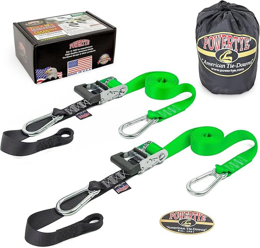 PowerTye 1.5 inch x 10ft Extra Long Ratchet Tie Down Straps, Heavy Duty with Carabiner Hooks, Soft-Tye & Bag, for Motorcycle, ATV & Cargo - 1,000 lb WLL - Made in USA - Green/Black Pair