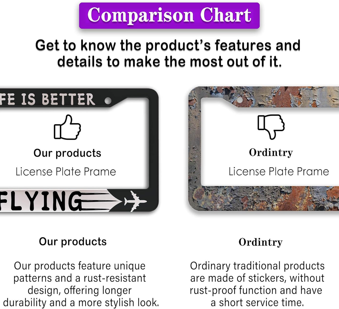 License Plate Frames Black and White Automotive Exterior Accessories Life is Better Flying Aluminum Metal Car Accessory 2 Pack with Screw Covers Set