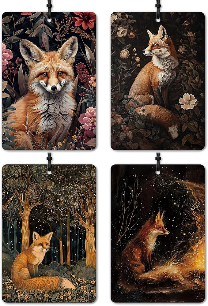Vintage Dark Floral Fox Car Air Freshener 4 Pcs, Dark Cottagecore Mystical Enchanted Forest Fox Hanging Air Freshener for Cars Closet Drawer Books, Retro Car Accessories for Women