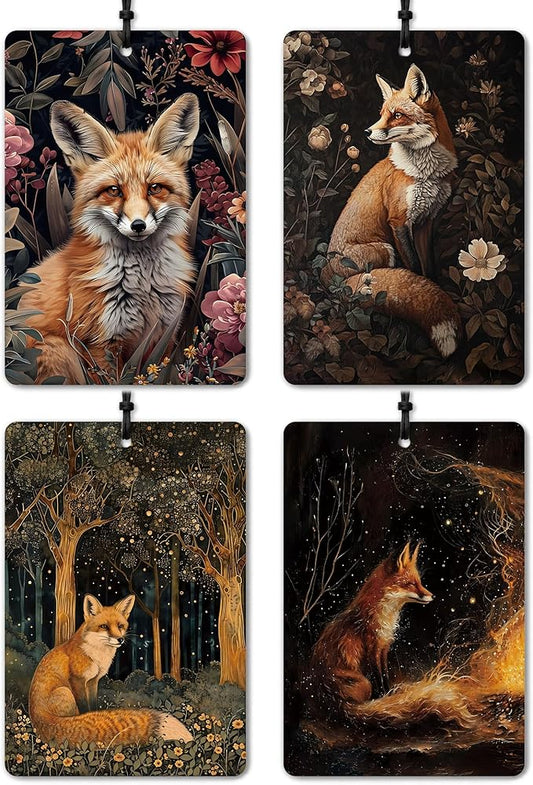 Vintage Dark Floral Fox Car Air Freshener 4 Pcs, Dark Cottagecore Mystical Enchanted Forest Fox Hanging Air Freshener for Cars Closet Drawer Books, Retro Car Accessories for Women