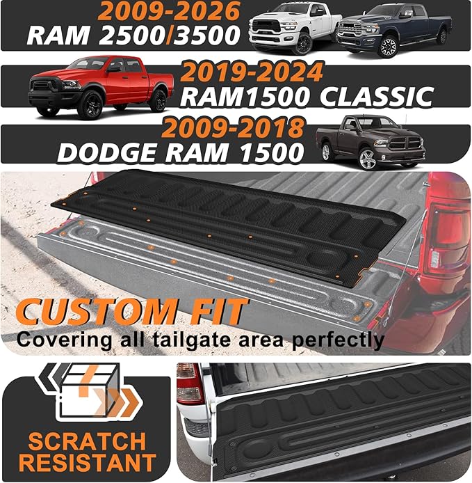 TripleAliners Tailgate Mat Compatible with 2009-2018 Dodge Ram 1500 & 2009-2026 Ram 2500/3500 & 2019-2024 Ram 1500 Classic Standard Tailgate Accessories Liner All Weather Protector TPE Custom Fit