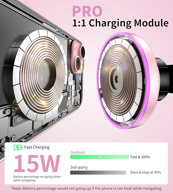 for MagSafe Car Mount Charger Dash/Windshield/Vent Wireless Car Charger with [LED Light], Magnetic Phone Holder for Car for iPhone 17 16 15 14 13 12 Series, Fit MagSafe Accessories (Pink)