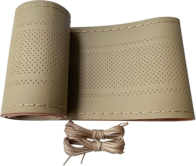 Carodi Leather Steering Wheel Cover, Breathable Non-Slip Design, Soft and Comfortable Feeling, Universal 15 Inch Auto Car Steering Wheel Stitch on Wrap（Size M,Beige）
