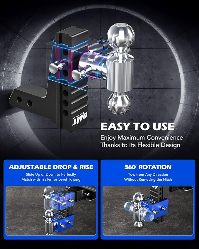 Orion Motor Tech Adjustable Trailer Hitch, Heavy Duty Drop Hitch 2 inch Receiver, 6" Drop & Rise Hitch with 2" & 2-5/16" Balls, 360° Dual-Ball Mount with 12500 lb. Towing Capacity for Class III & IV