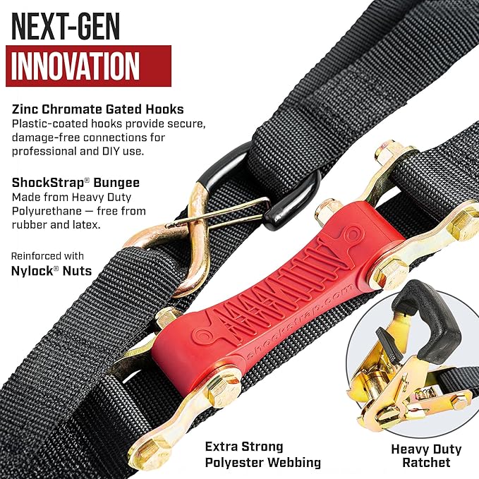 Ratchet Strap, 7’ x 1.5" Shock Absorbing Heavy Duty Tie Downs for Cargo, 1,000 LB WLL / 3,000 LB Break Strength, 2-Pack
