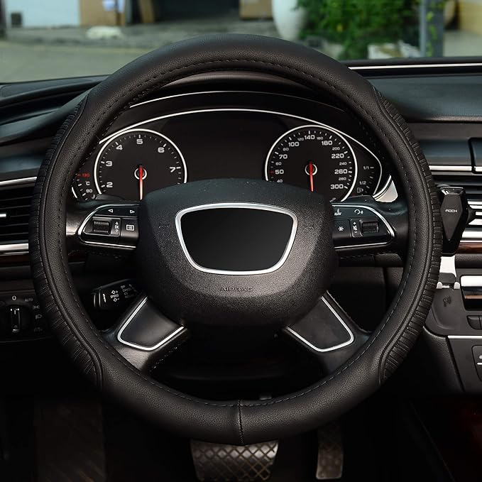 KAFEEK Steering Wheel Cover, Universal 15 inch, Microfiber Leather,Black
