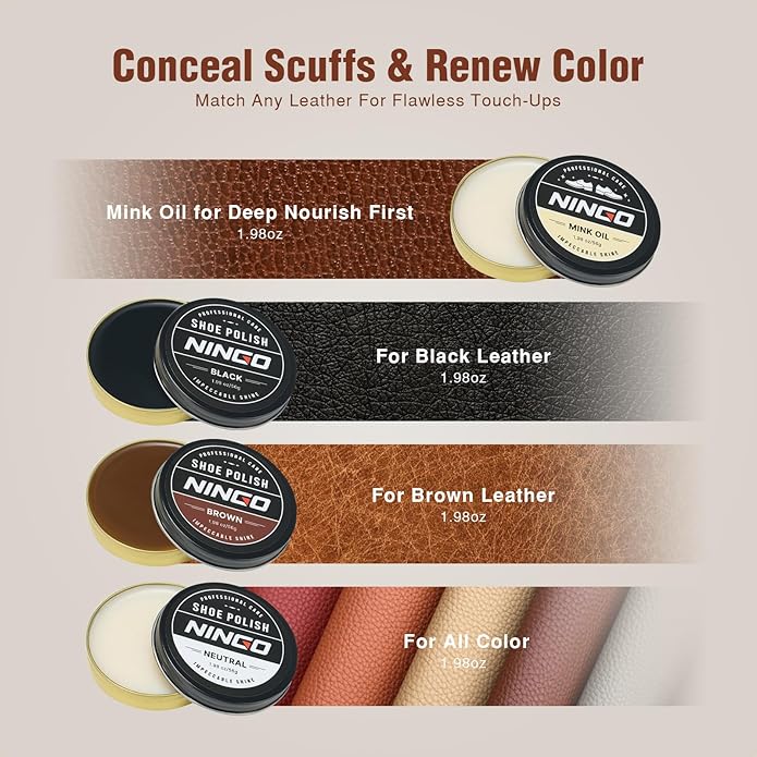 NINGO Leather Shoe Polish Kit, 16pcs Shoe Shine Kit with 6 Horsehair Brushes, 3 Black Brown Neutral Shoe Polish & Mink Oil