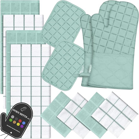 Oven Mitts Pot Holders Sets/Kitchen Towels and Dishcloths, Oven Gloves Kitchen Dish Towels 500 Degree Heat Resistant Potholders with Non-Slip Silicone Surface for Cooking, Grilling, Baking-Mint Green