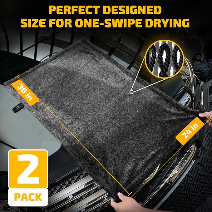 2-Pack 1200 GSM Car Drying Towels – Microfiber Towels for Cars (36" x 24"), Ultra-Absorbent, Streak-Free, Scratch-Free, No Water Spots, Double-Twist Pile & Edgeless Design