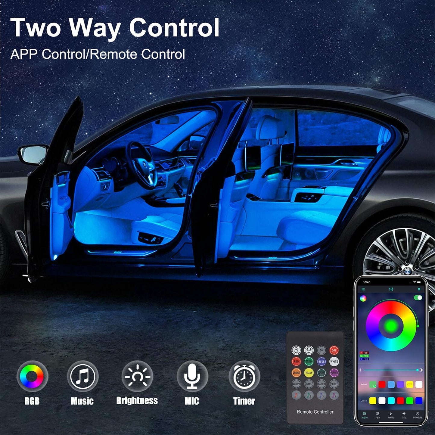 Car LED Strip Lights, LEDCARE 9 in 1 RGB Car Interior Lights with APP & Remote Control, 16 Million Colors Ambient Lighting Kit with 5 Fiber Optic LED Strips & 4 Under Dash Lights, Sync to Music