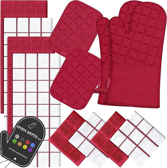 Oven Mitts Kitchen Towels and Dishcloths Pot Holders Sets, Oven Gloves Kitchen Dish Towels 500 Degree Heat Resistant Potholders with Non-Slip Silicone Surface for Cooking, Grilling, Baking-Red