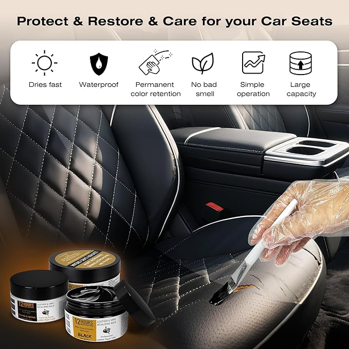 12H Quick-Dry Leather Repair Kit with 3.53Oz Black Leather Recoloring Balm, Filler & 4.23Oz Care Cream, 3-in-1 Vinyl Repair Set for Sofa, Car Seats, Jackets, Purses, Shoes, Faux Leather and More