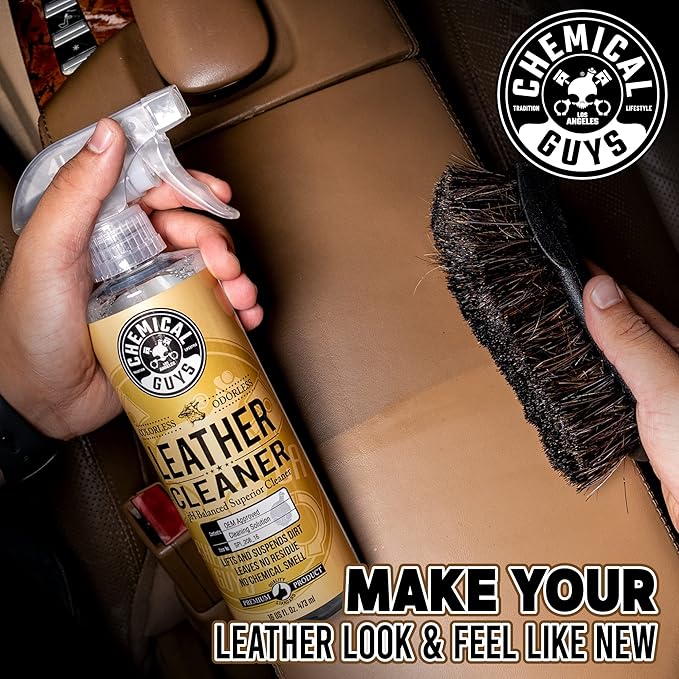 Chemical Guys Leather Cleaner and Conditioner Detailing Kit - Works on Natural, Synthetic, Faux Leather, Pleather, and More for Car Interiors, Apparel, Furniture, Boots, and Accessories - 9 Items