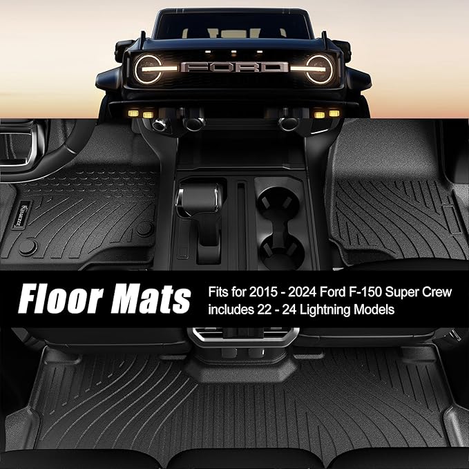 Floor Mats for Cars, Car Mats Full Set for 2015-2025 Ford F-150/F150 Super Crew (Includes 22-25 Lightning Models), All Weather TPE Floor Liners for 1st & 2nd Row Automotive Floor Mats- Black