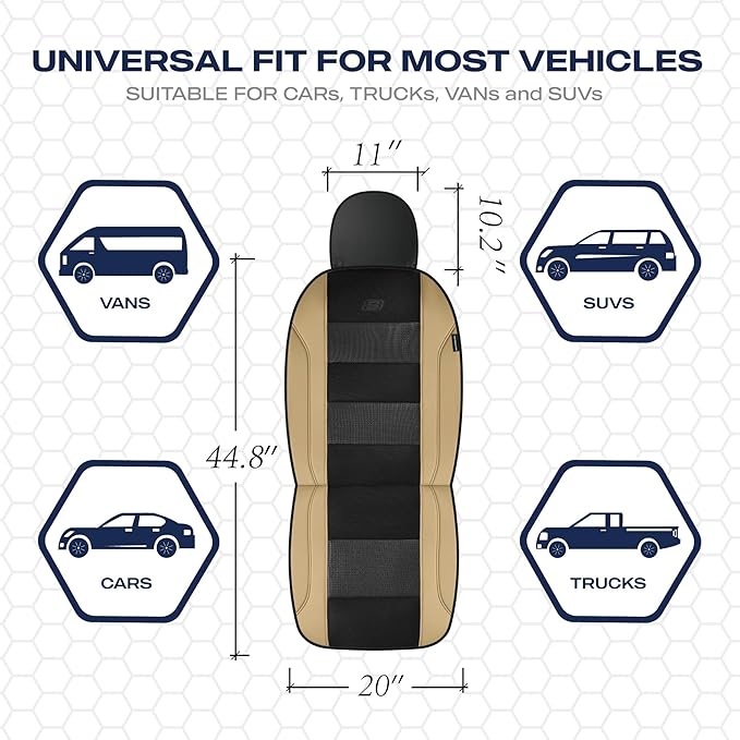 Skechers Aircooled & Memory Foam Car Seat Covers,Premium Leather with EVA Mesh Seat Covers, Front car seat Protector, Airbag Compatible, Automotive Comfort for Most Cars, Vans, Trucks, SUV,Biege