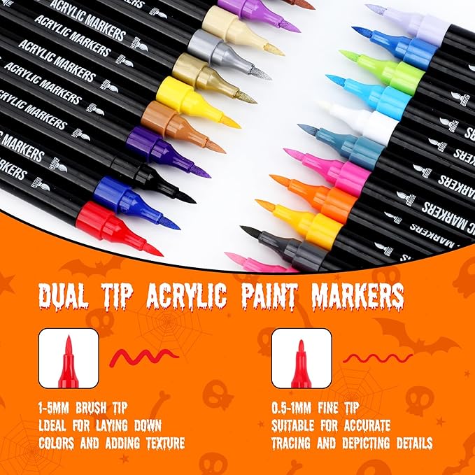 24 Colors Acrylic Paint Markers, Dual Tip with Fine Tip and Brush Tip Pens for Stone, Wood, Calligraphy, Canvas, Ceramic, Metal, Glass, Rock Painting, DIY Crafts