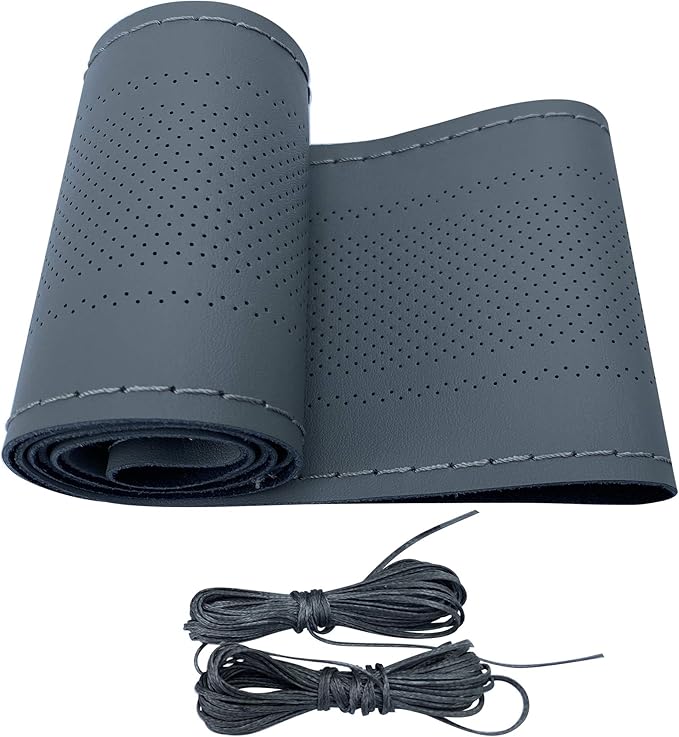 Carodi Leather Steering Wheel Cover, Breathable Non-Slip Design, Soft and Comfortable Feeling, Universal 15 Inch Auto Car Steering Wheel Stitch on Wrap（Size M, Gray）