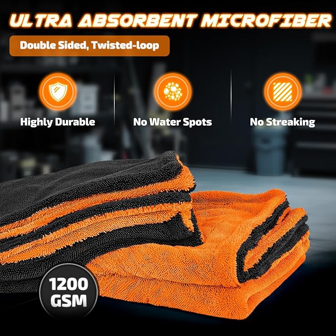 2-Pack 1200 GSM Car Drying Towels – Microfiber Towels for Cars (36" x 24"), Ultra-Absorbent, Streak-Free, Scratch-Free, No Water Spots, Double-Twist Pile & Edgeless Design(Orange)