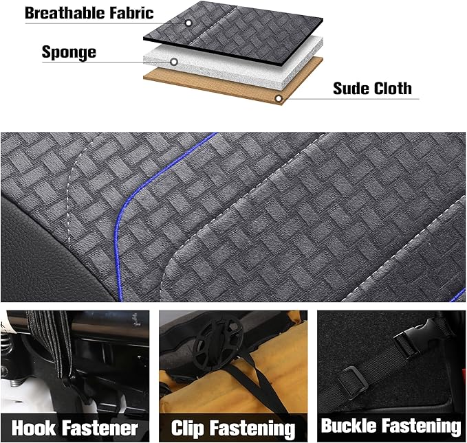 CAROMOP Premium PU Leather&Flannel Car Seat Covers Full Seats,Split Bench Compatible Car Interior Covers, Universal Fit Most Car Sedan Truck SUV(5-Seat Black/Blue)