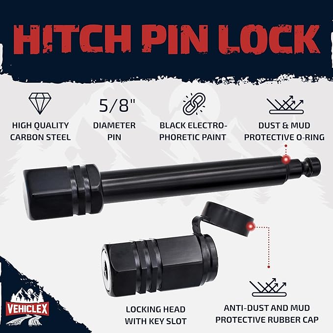 Vehiclex Heavy-Duty Trailer Hitch Pin Lock – 5/8" Locking Hitch Pin with 4-5/8" Effective Span for 3" and 3.5" Receivers – Class IV & V Hitch Security with Unique Tubular Key