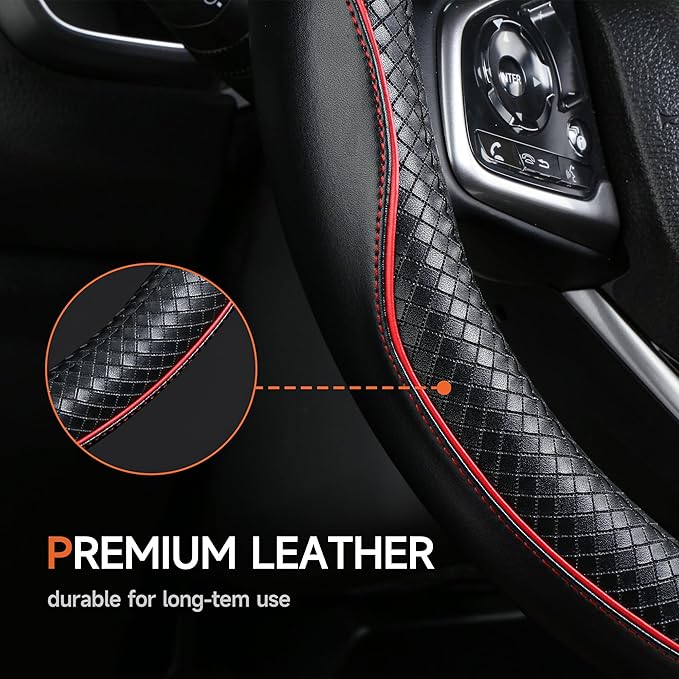Car Steering Wheel Cover，Anti-Slip, Safety, Soft, Sports Style, Leather Steering Wheel Cover for Men Women, Adaptable to 14.5-15 inches Steering Wheel (Black with Red line)