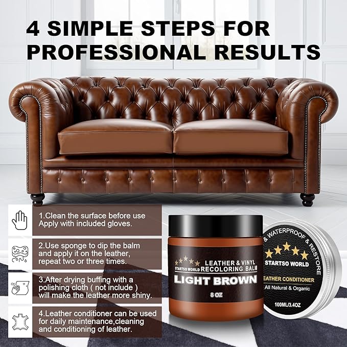 STARTSO WORLD 200Ml Leather Recoloring Balm with 100ML Leather Conditioner, Light Brown Leather Repair Kit for Furniture, Leather Dye, Leather Scratch Repair, Leather Couch Paint