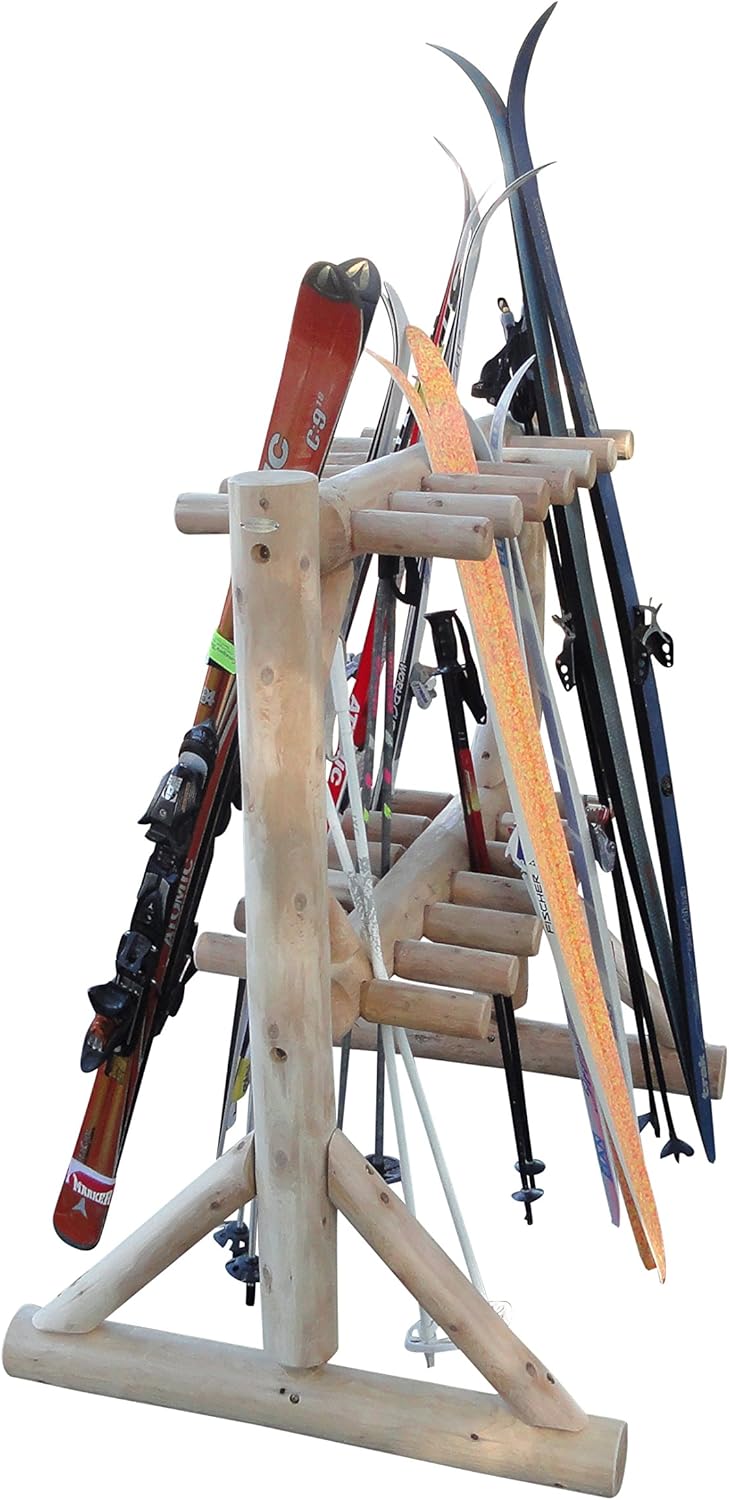 11-Place Freestanding Log Ski Rack Holder, Indoor & Outdoor Snowboard Racks, Standing Storage, Garage Racks for Snow Skis, Durable Snowboard Rack Garage Storage Organizer - Unfinished