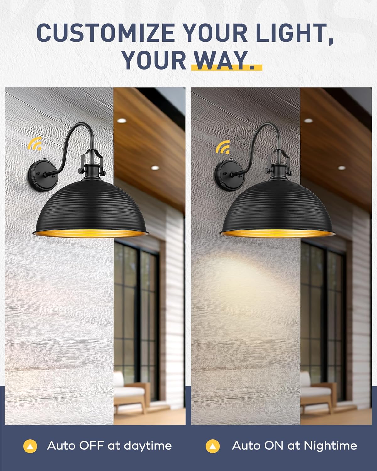 kudos Porch Light Motion Sensor 15.5" Large Outdoor Gooseneck Barn Light Fixture Black Farmhouse Wall Sconce Lantern for Entryway Garage, 1 Pack, KDOWL04-BK-L-LC