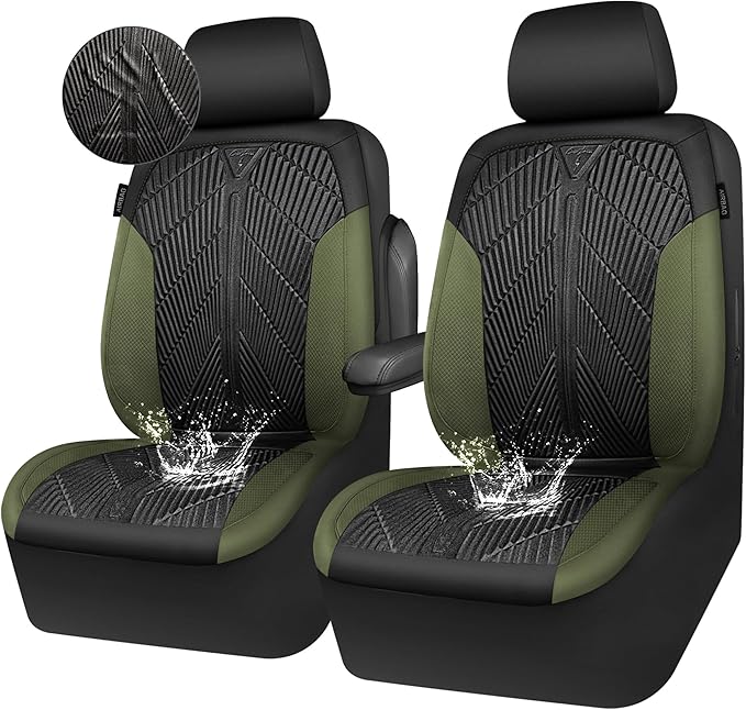 CAR PASS Waterproof Car Seat Covers Front Seats Covers Neoprene Wetsuit, All-Weather Non-Slip Durable,Universal Fit for SUV Sedans Trucks Vans Automotive,Armrest Airbag Compatible,Emboss 2 Black Green
