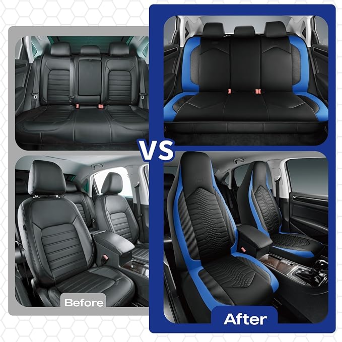 Skechers Memory Foam Car Seat Covers, Leather High Back Seat Covers Quilting Design,Waterproof Sports Car Seat Covers Full Sets,Airbag Compatible, Universal Fit for Most Cars, SUVs,Trucks,Blue