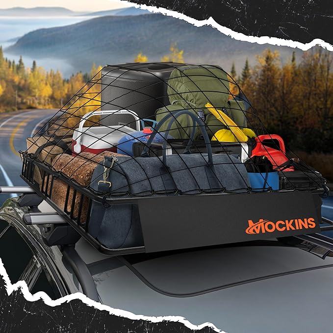 Mockins 84"x39"x6" XL Extendable Roof Rack Cargo Carrier for Top of Vehicle Storage | 250 Lbs. Capacity Weatherproof Steel Heavy Duty Roof Rack Basket | Rooftop Cargo Carrier Basket w/Straps & Net