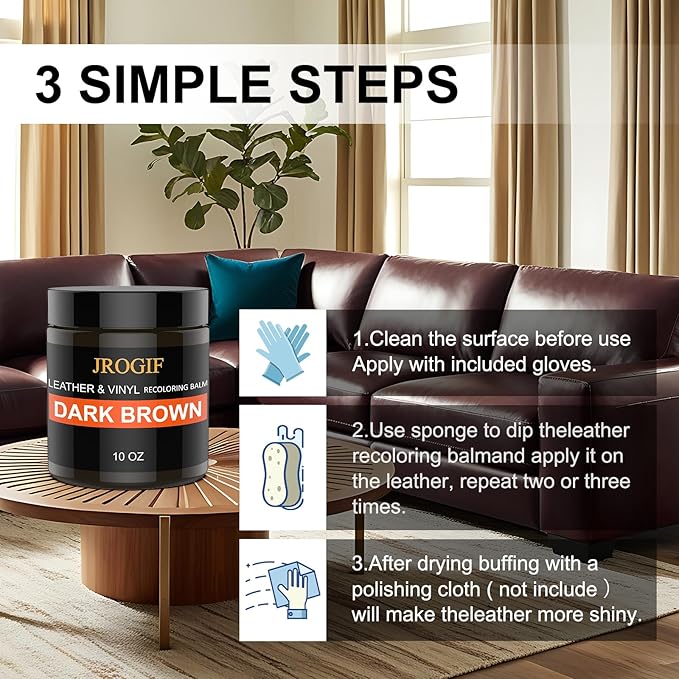 Leather Recoloring Balm, Leather Repair Kit for Furniture, Leather Dye, Leather Color Restorer for Couches, Leather Scratch Remover, Leather Paint for Furniture (10 OZ Dark Brown)