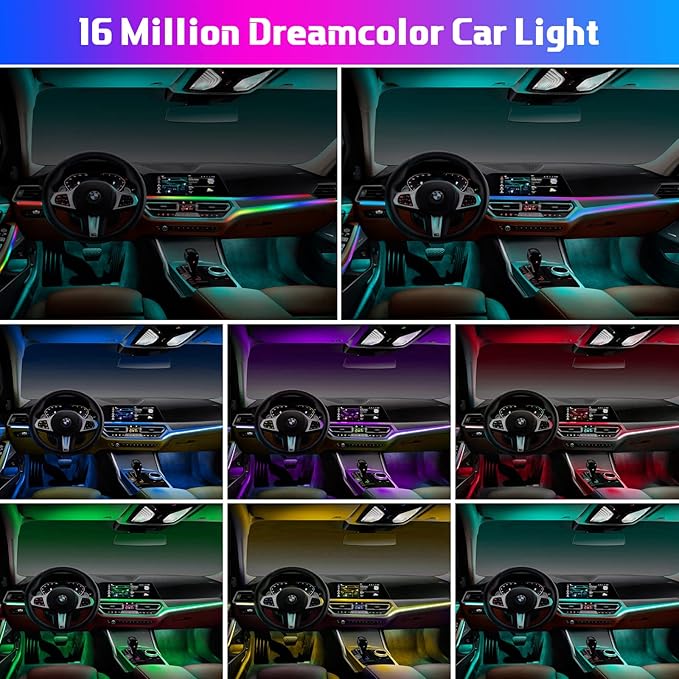 Interior Car LED Strip Lights, Acrylic LED Lights for Car with Wireless APP Dynamic Dreamcolor Chasing 6 in 1 Ambient Lighting Kits, 175 inches 593 LED Sound Active Function Neon Lights