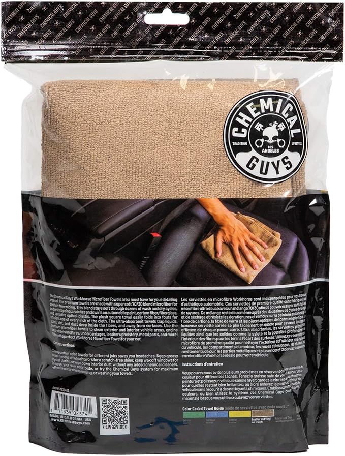 Chemical Guys MIC34403 Workhorse Professional Microfiber Towel, Tan (Safe for Car Wash, Home Cleaning & Pet Drying Cloths) 16" x 16", Pack of 3