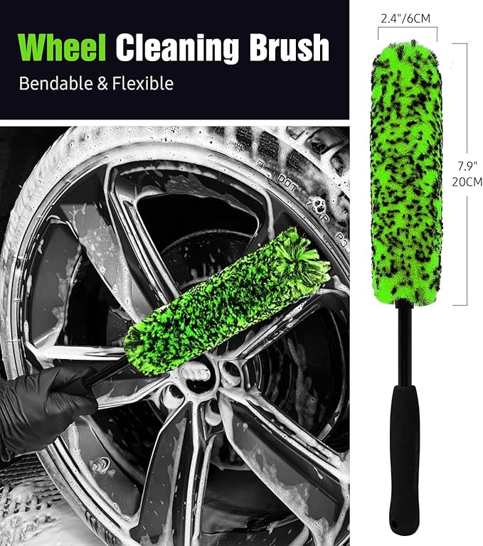 YeewayVeh Car Wheel Brush Kit, 3 Pack Scratch-Free Wheel Cleaner Brush and Detailing Brush, Wheel Car Cleaning Wash Brushes for Vehicle Motorcycle Rim Fenders Engine Exhaust Tips, Green&Black