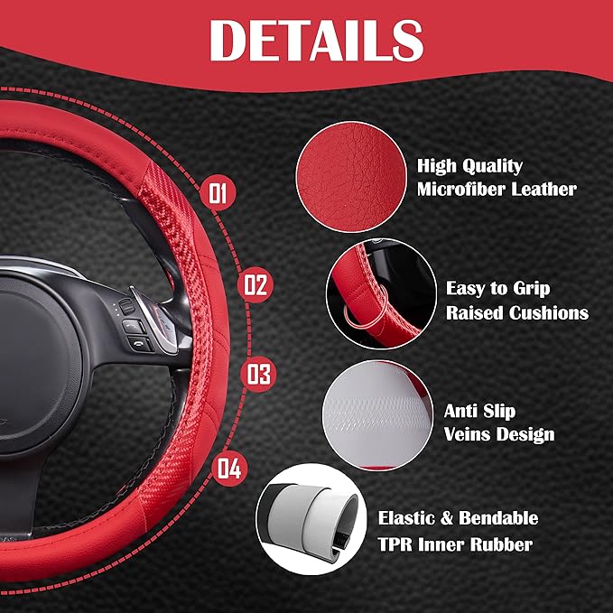 CAR PASS Line Rider Microfiber Leather Sporty Steering Wheel Cover 14.5-15 inch Universal Fits for 95% Truck,SUV,Cars, Anti-Slip Safety Comfortable Desgin (Red-Carbon Fiber)