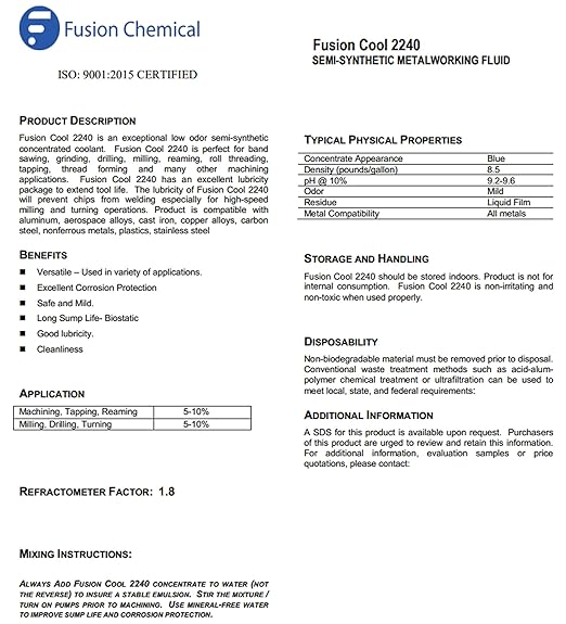 Machining, Grinding, and Cutting Fluid | Fusion Cool 2240 | General Purpose Coolant, Cutting Oil and Machine Shop Operations | Semisynthetic (5 Gallon)