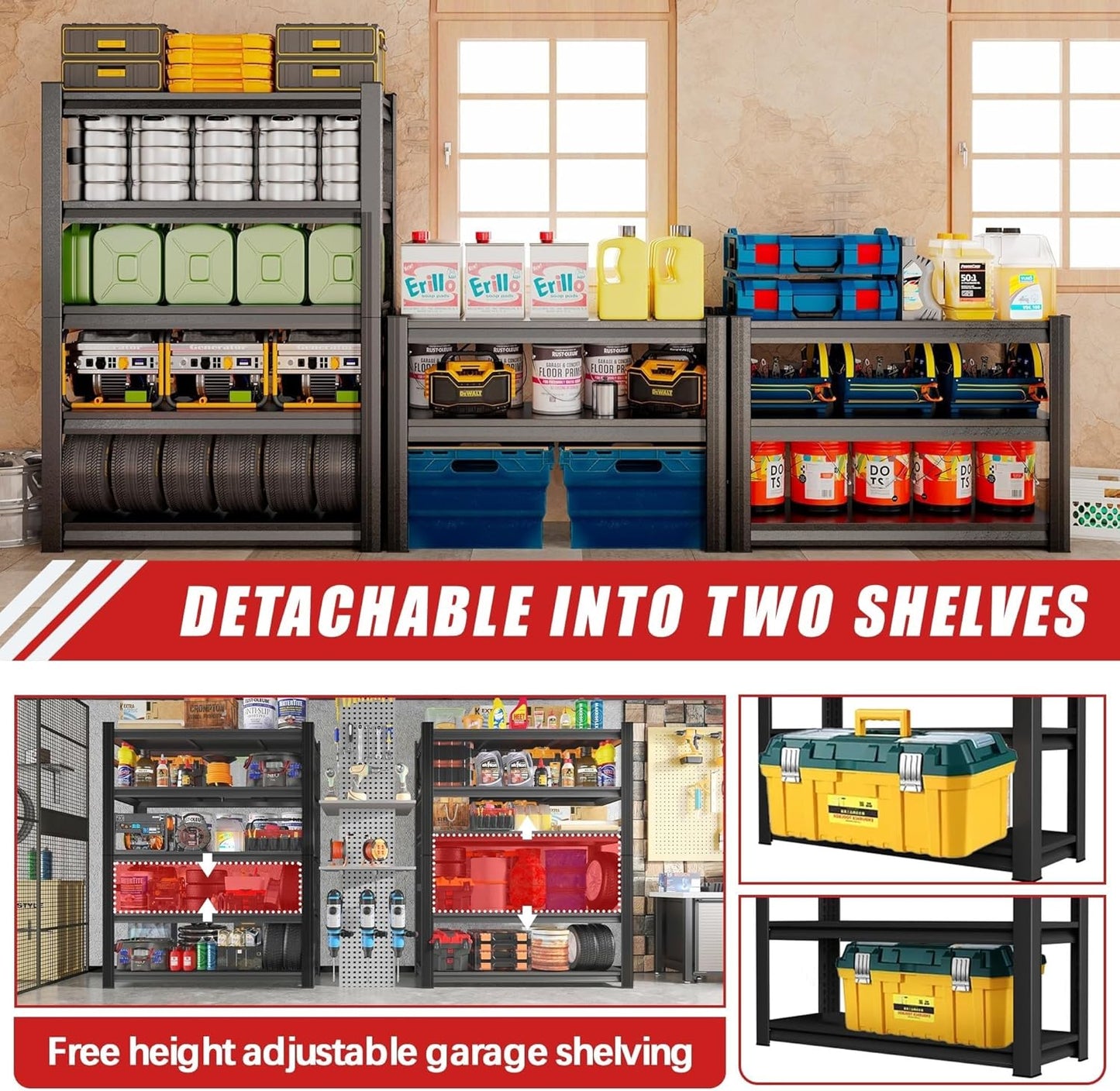 2500lb Capacity Heavy Duty Industrial Shelves | 5-Tier Steel Storage Rack | Adjustable Garage, Warehouse, Workshop Shelving | 71" H x 39.4" W x 17.7" D | Black