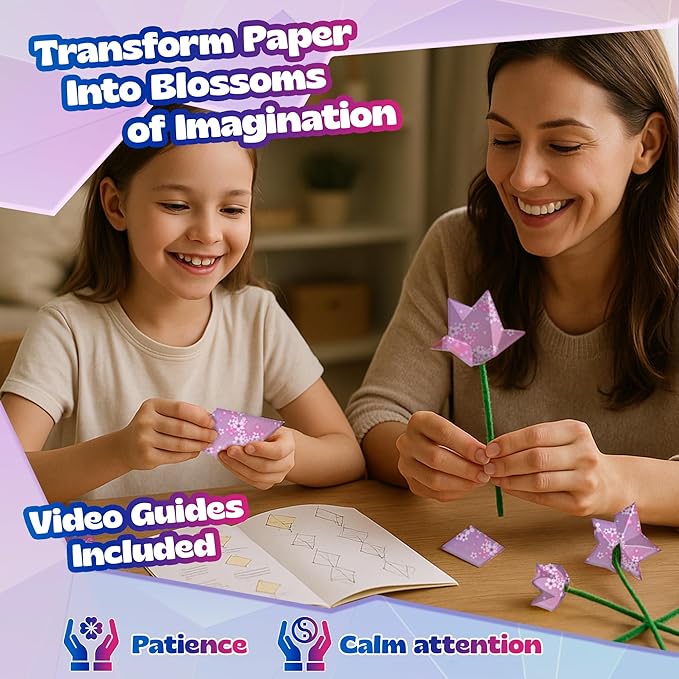 Pinwheel Crafts Flower Origami Kit for Kids Ages 8-12 | 550 Pcs Origami Paper Kit w/Multicolor Folding Papers, Chenille Stems,Buttons and Jewels, Arts and Crafts Paper Book for Kids Ages 6+