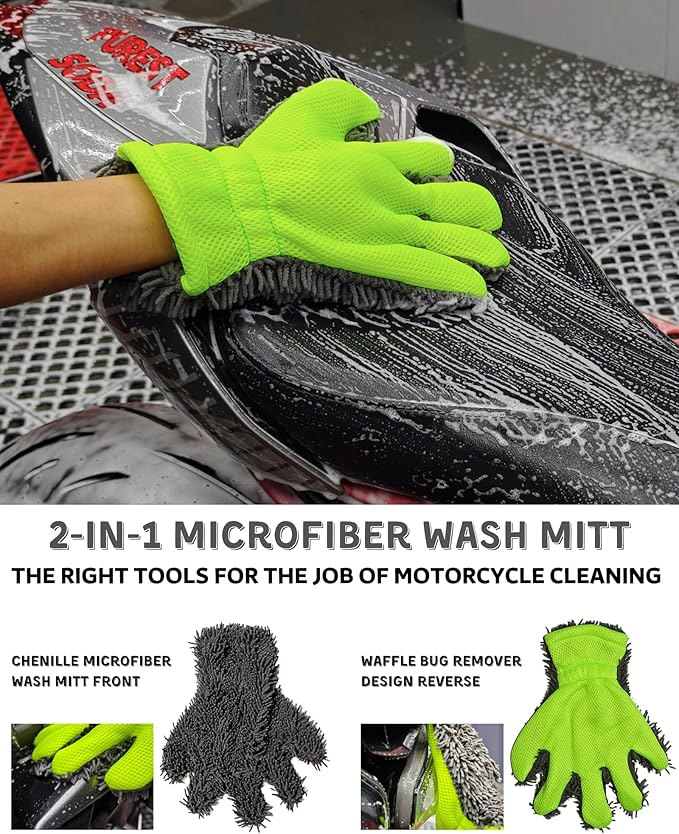 8 Pack Motorcycle Cleaning Kit - Professional Safe for Chrome/Engine/Tires, Hard Reach Brush, Microfiber Mitt, Detailing Tools, Drying Towel & Wax Applicators