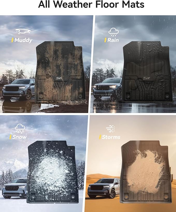 3W Floor Mats Fit for 2025 2024 2023 Honda Pilot, Custom Fit Floor Liner for 1st 2nd and 3rd Row Full Set TPE All-Weather Car Liners, Black