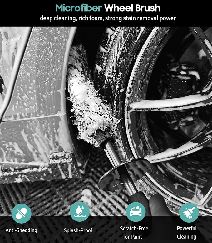 YeewayVeh 3PCS Wheel Cleaning Brush, Microfiber Flat Wheel Rim Cleaner Brush with 2 Extra Replaceable Cover, Car Cleaning Brush Kit for Wheels Tire Fenders Engine Exhaust Tips, Black&White