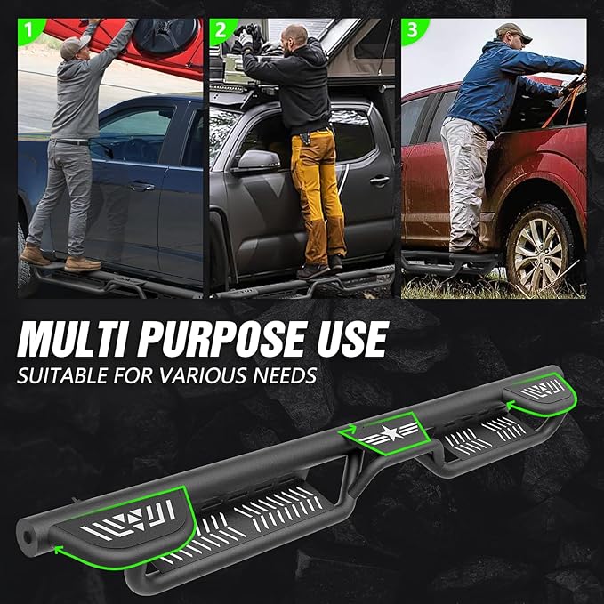 Double Cab Three Raised Steps Quad Cab Running Boards Compatible with 2019-2025 Dodge Ram 1500 New Body Double/Extended Cab Side Steps, Bolt-on Nerf Bar, Heavy-Duty Steel Two Stairs Design