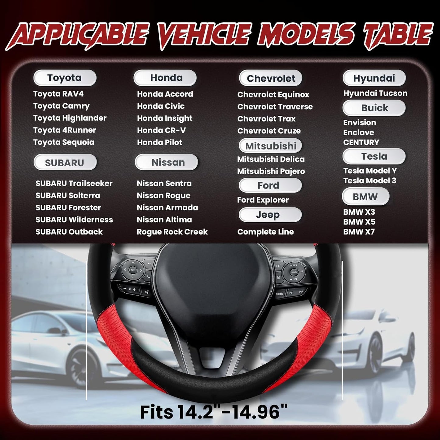 Breathable Soft Leather Steering Wheel Cover with Anti-Slip Grip, fits 14.2 to 14.96 inch Round Wheels and Compatible with Tesla, Toyota, Honda, Nissan Models（Sedans and SUVs）