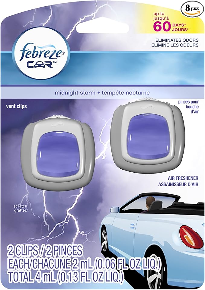 Febreze Air Freshener, CAR Vent Clip Air Freshener, Midnight Storm Air Freshener (2 Count, 0.13 oz)(Pack of 8)