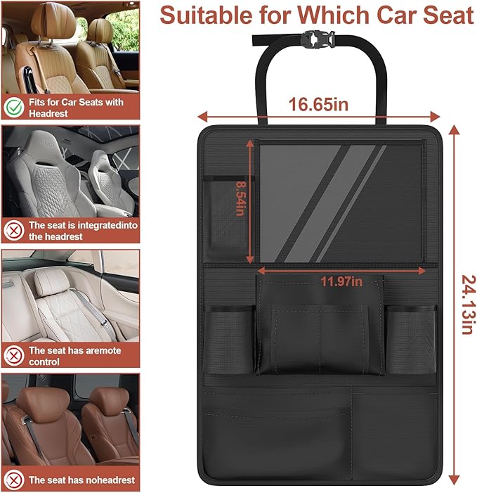 Backseat Car Organizer with Touch Screen,Kick Mats Back Seat Protector with 10 Storage Pockets,Car Seat Back Organizers Storage for Snacks Drinks Toy Umbrellas for Kids Road Trip