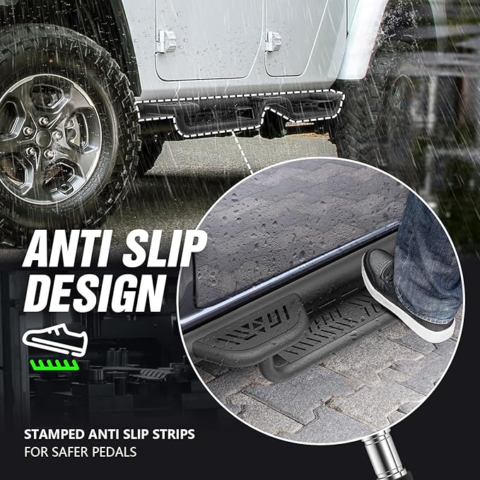 Three Raised Steps Running Boards (Wheel to Wheel Side Steps) Compatible with 2020 2021 2022 2023 2024 2025 Jeep Gladiator JT 4 Door, Bed Access Nerf Bars, Bolt-on Rock Sliders Rail