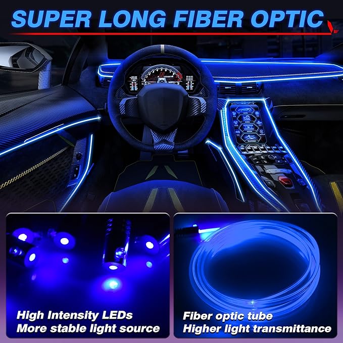 MICTUNING Car LED Interior Strip Light, 8 in 1 RGB Multicolor with 400 inches Fiber Optic Ambient Lighting Kits with Remote and APP Control, Car USB LED Strip Lights with Music Sync Mode