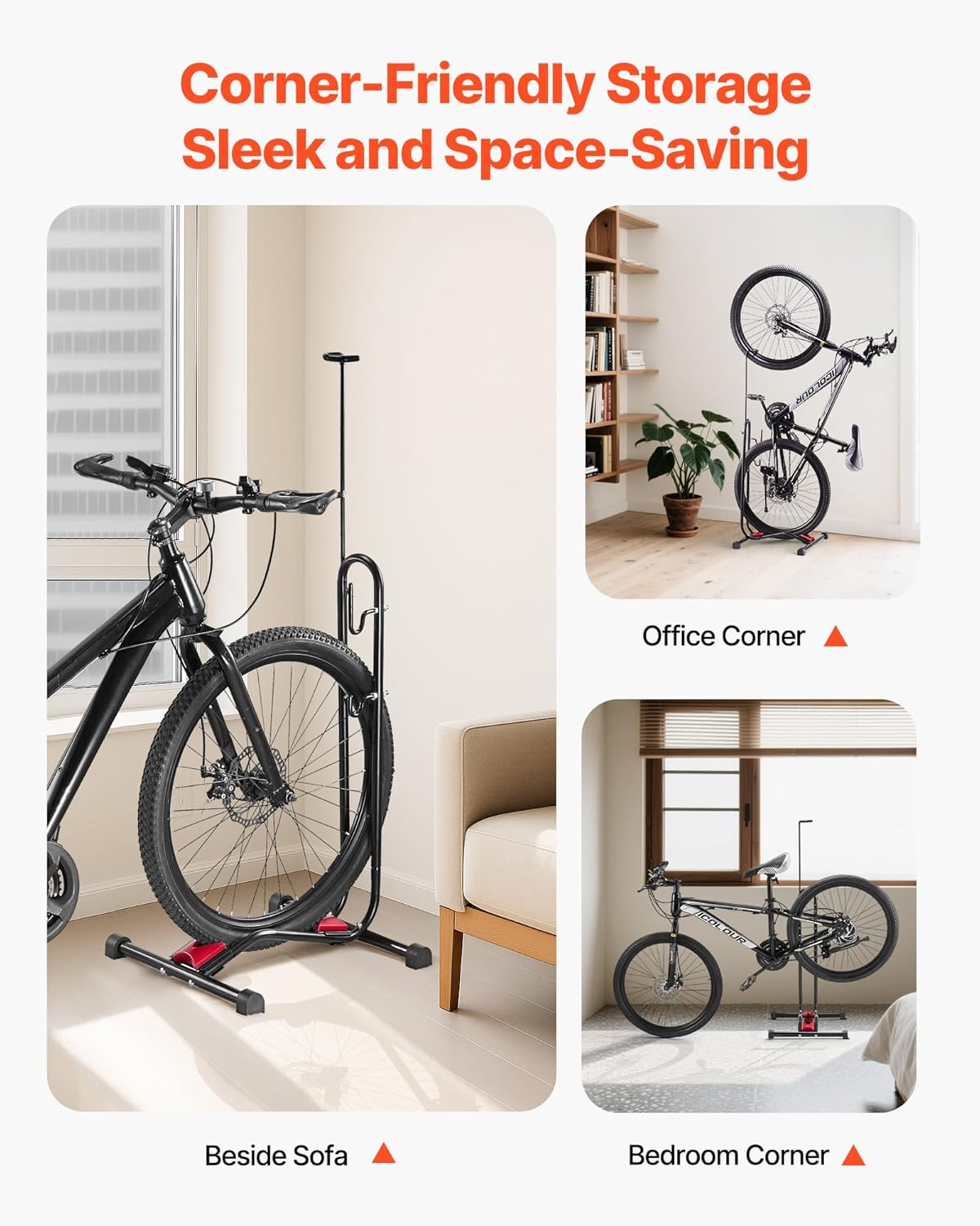 VEVOR Bike Rack, Upright Bike Stand Floor for 16 to 27.5 Inch Mountain & Road Bikes, Vertical & Horizontal Bicycle Stand for Secure Parking and Storage in Garage, Truck Bed, Indoor, Outdoor, Black